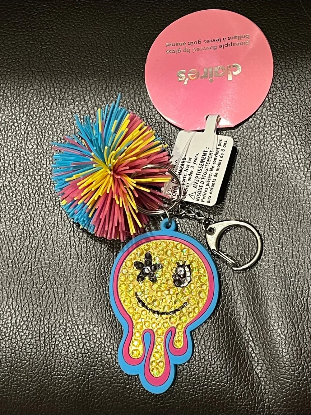 Claire’s Smiley Bag Charm Keychain + Colorful Pom Pom NWT